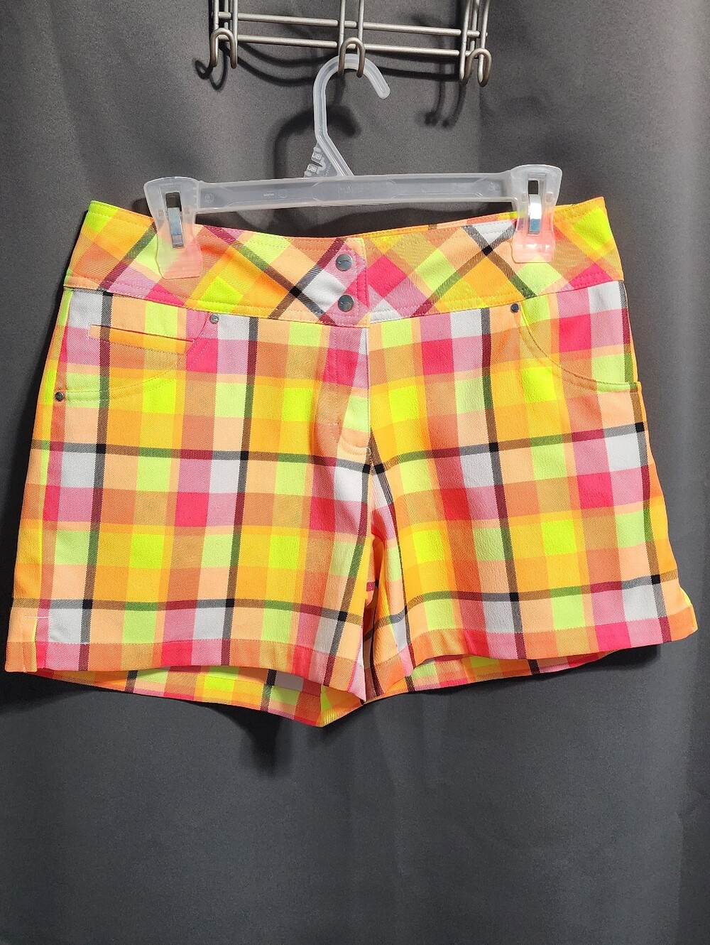 Slazenger Golf Impulse Plaid Shorts Neon Pink Orange Yellow Activewear Size 6